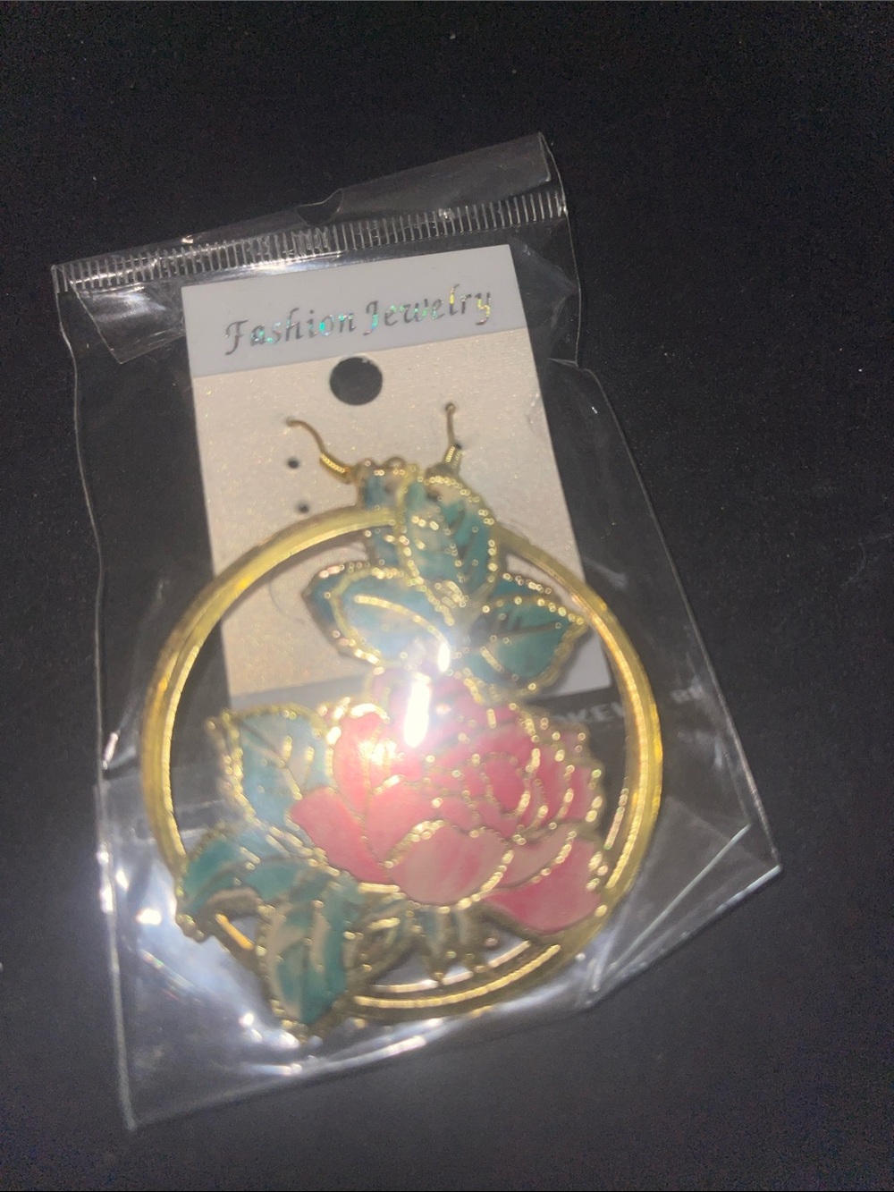 Fashion Jewelry Gold Hoop Earrings with Pink Flower and Teal Leaves Accent
